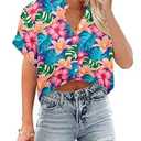 Cropped Hawaiian Shirts for Women Hawaii Tropical Button Down Tops Floral Tropic Print Summer Beach Outfits Deep Pink, M