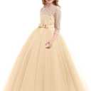 Girls Flower Vintage Lace 3/4 Sleeves Wedding Bridesmaid Tutu Dress Floor Length Party Evening Formal Dance Ball Gown (Beige)