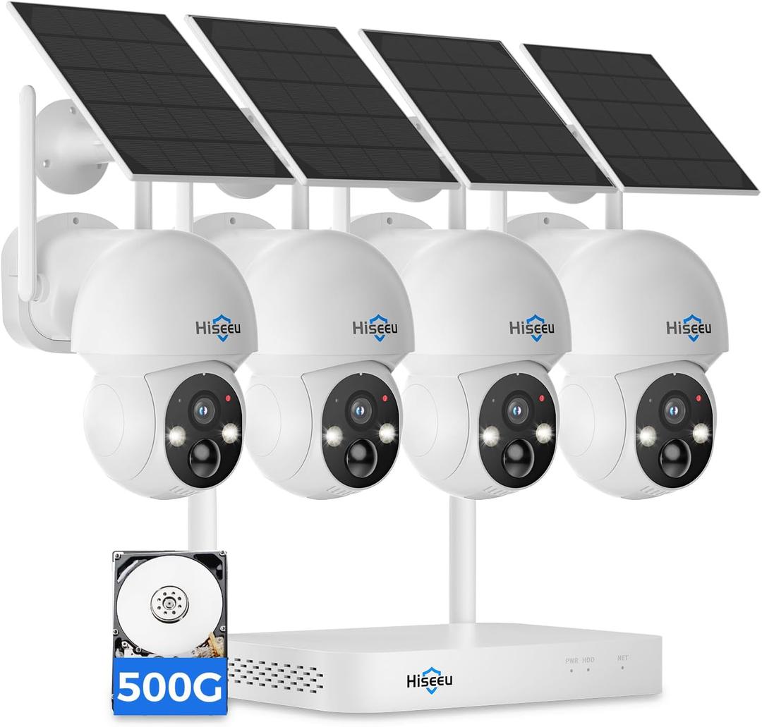 Hiseeu Solar Camera Wireless Outdoor, Home Security Camera System, 2.4G & 5G WiFi, Solar-Powered 4MP 4 Cam-Kit, Color Night Vision, 360 View, Pan & Tilt, 1TB HDD Local Recording, No Subscription