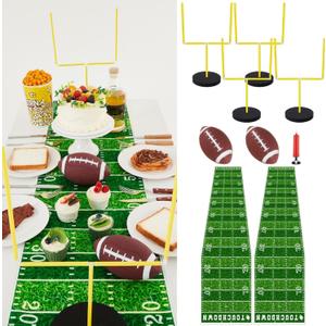 9 Pcs Football Party Goal Post Decoration Kit Includes 4 Football Field Goal Post 2 Football Court Table Runner 2 Mini Football 1 Pump for Football Theme Birthday Party Supplies