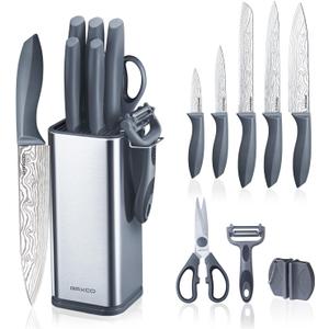 RAXCO 10-Piece Kitchen Knife Set | Stainless Steel Holder | Compact Design - Gray (Damascus)