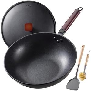Carbon Steel Wok -13 Inch Woks & Stir-fry Pans Nonstick, Wok Pan with Lid Spatula and Dish Brush: Pre-Seasoned Flat Bottom Chinese Woks for Induction, Electric, Gas, All Stoves
