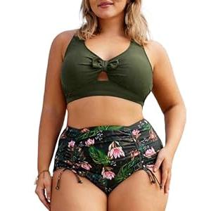 Hanna Nikole Plus Size Bathing Suit for Women Adjustable Spaghetti Straps Push Up Bikini Set Olive Green Floral18 Plus