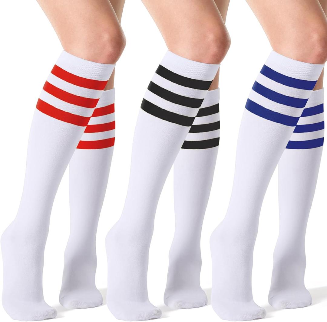 Joulli Women's Knee High Athletic Socks Stripe Tube Outdoor Sport Socks 1-3 Pairs (Wb+bl+br)