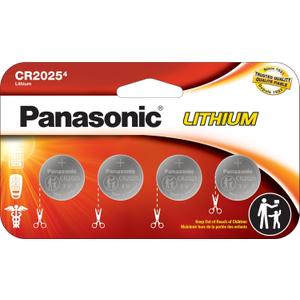 4 x Panasonic CR2025 3.0 Volt Long Lasting Lithium Coin Cell Batteries in Child Resistant, Standards Based Packaging, 4 Pack