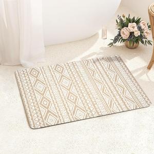 FRESHMINT Bohemian Bath Mat Soft Boho Bathroom Mat Non-Slip Quick Dry Bath Rugs Thin Washable Shower Floor Mats with Super Water Absorbent Layer & Rubber Backing, 17"x24", Beige & White