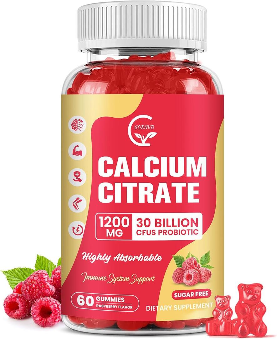 Calcium Citrate Gummies, Calcium 1200 mg with Vitamin d3, K2, Magnesium, Zinc for Bone, Muscle & Immune Support, High Absorption Calcium Supplement for Women & Men, Raspberry Flavor, 60 Chews (EXP: 12/11/2027)