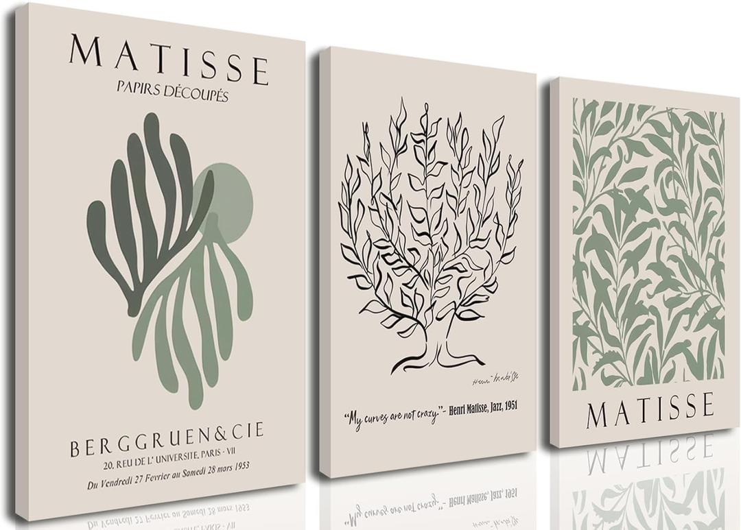 Matisse Wall Art Set of 3,Sage Green Wall Decor, Abstract Matisse Canvas Prints, Green and Beige Paintings, Boho Leaf Room Decor, Aesthetic Minimalist Posters for Living Room Bedroom 12x16 In Framed