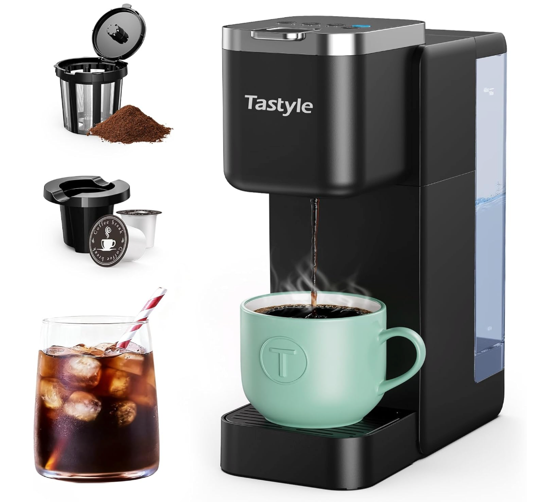 Tastyle Single Serve Coffee Maker, Iced and Hot Coffee Machine for K Cup & Grounds, Compact Design, 40oz Removable Water Reservoir, 6 to 24 Oz Brew Sizes, Fits 7.3" Travel Mug, Black