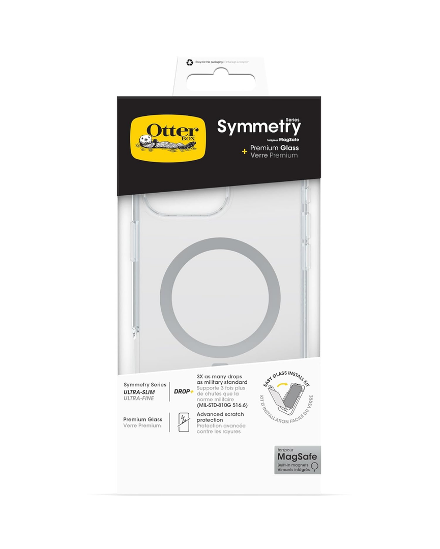 OtterBox Drop Protection Bundle for iPhone 15,14,13 ; Symmetry Series Clear MagSafe Case 3x Tested to Military Standard and Premium Glass Screen Protector, Clear