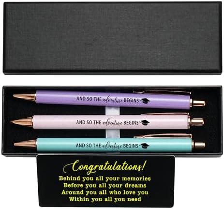 WHLBHG Student Graduation Gift And So The Adventure Begins Retractable Ballpoint Pen 3pcs Set,1mm Medium Black Ink for School Office Going Away Gift (Pen-adventure BEGINS)
