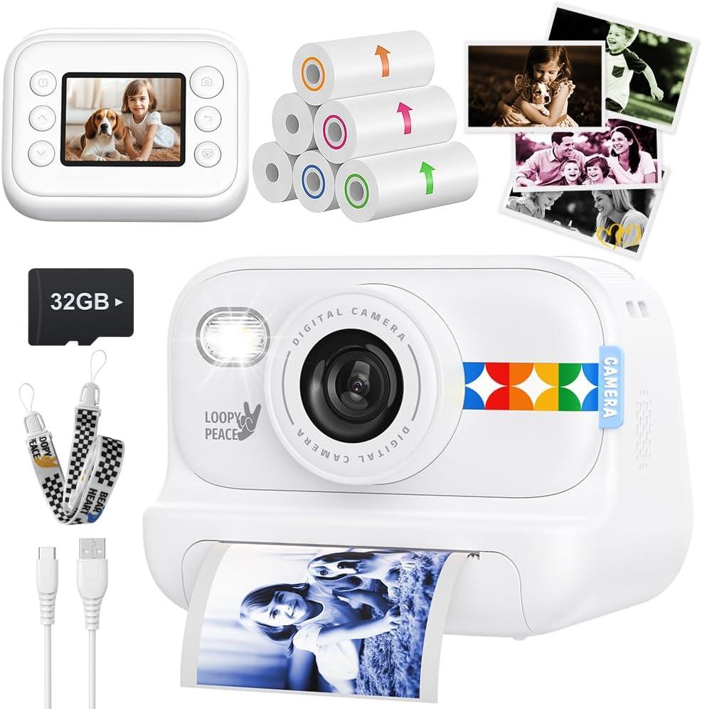 Kids Color Instant Print Camera  Kids Camera with 5 Color Photo Paper, 48MP & 1080P Video, 21 Fun Frames, 32G Card, Christmas/Birthday Gifts for Girls and Boys Ages 3 4 5 6 7 8 9 10 11 12 -White