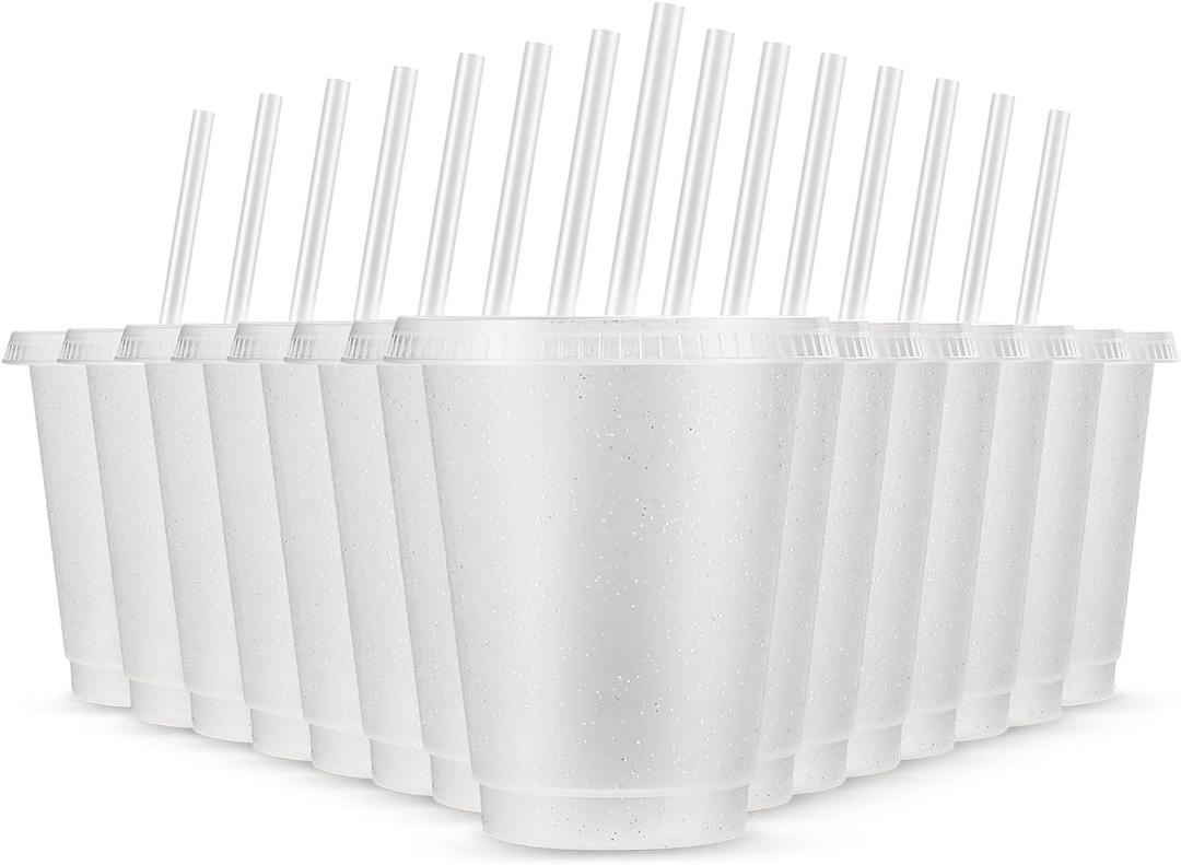 Rtteri 15 Pcs Reusable Cups with Straws and Lids 16 oz Glitter Tumblers Plastic Party Favor Cups with Lids Travel Mug Tumbler for Easter Graduation Party Iced Beverage Water(Clear)