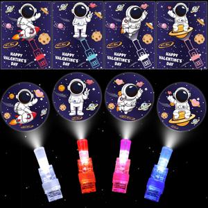 28 Pack Valentines Day Classroom Gifts for Kids - Valentines Day Cards with Space Astronaut Theme LED Finger Lights, Valentines Party Favors School Class Exchange Prizes for Boys Girls