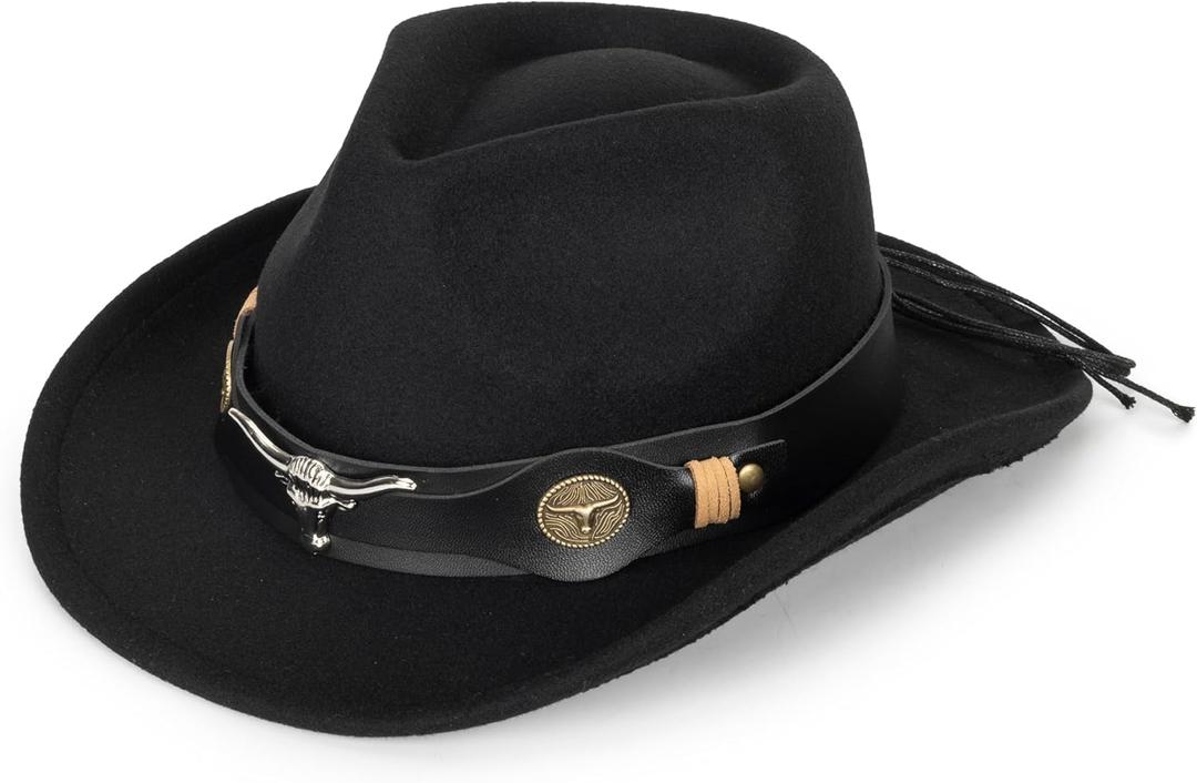 Western-Cowboy-Hat Classic Cowgirl-Hat for Kids Boys Girls Bull-Head Fedora for Party(4-8T) (Black-style3)