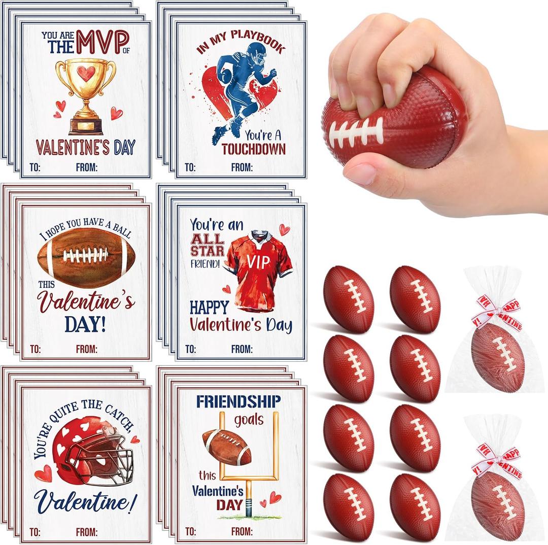24 Set Valentine s Day Gifts for Kids Cards with Squeeze Footballs, Sports Themed Valentines Day Gifts Classroom Exchange for Valentines Party Favors School Prizes Birthday Party Supplies