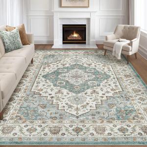 LOONGRUG 8x10 Area Rugs Washable Vintage Boho Living Room Rug Teal Brown