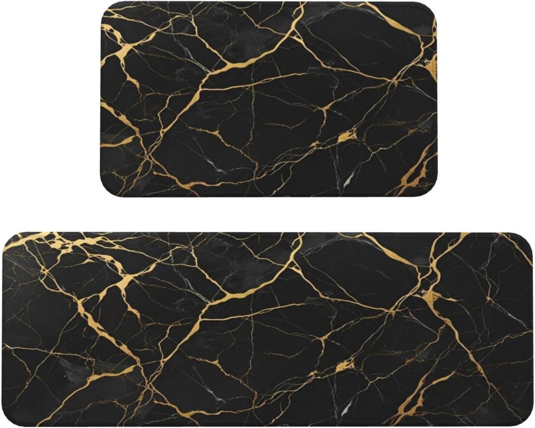 Black Gold Marble Print Kitchen Rugs Microfiber Floor Mats Cushioned Carpet Runner Rug for Laundry Bathroom Living Room, 2 Piece Set 17"X 47" + 17"X 30"