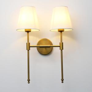 PERMO Classic Rustic Double Sconce Large 2-Lights Wall Sconce with Flared White Textile Lamp Shade and Antique Brass Finished Long Arm, Wall Sconce Light Fixture for Living Room Bathroom Bedroom