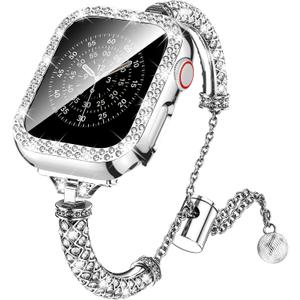 LETOID Bling Band & Case Compatible with Apple Watch 40mm 41mm 42mm 44mm 45mm 46mm Series 11 10 9 8 7 6 5 4 SE for Women, Fancy Metal iWatch Bands Rhinestone Bracelet Dressy Strap with Face Cover (Silver)