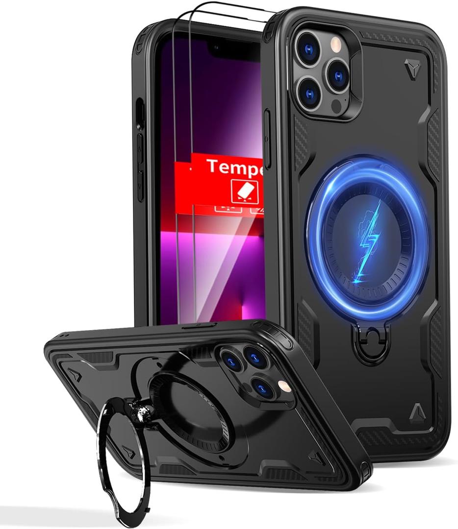 for iPhone 13 Pro Case Magnetic Compatible with MagSafe,with 2 Tempered Glass Screen Protectors,Built-in 360Kickstand Ring,Phone Heavy Duty Protection Military Grade Shockproof Rugged Black
