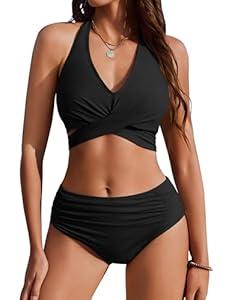 AI'MAGE Womens High Waisted Bikini Sets Tummy Control Bathing Suits Halter Two Piece Swimsuit Modest Bikini 2026 Black,L