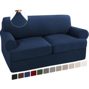 Turquoize 3 Piece T Cushion Loveseat Slipcovers Sofa Cover for 2 Cushion Couch Cover Washable Sofa Slipcover Furniture Covers with 2 Individual T Cushion Seat Covers (2 Cushion Loveseat, Navy)