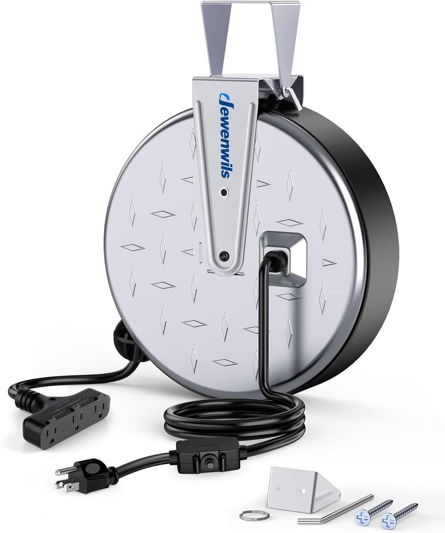 DEWENWILS 30 Ft Retractable Extension Cord Reel, Ceiling/Wall Mount 16/3 Gauge SJTW Power Cord with 3 Electrical Outlets Pigtail for Garage and Shop, 10 Amp Circuit Breaker, Metal Plate, UL Listed (Silver/Black+logo)