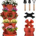 Vertical Strawberry Planter 5 Tier Stackable Tower Herb Planters Stacking Outdoor Garden Planters Pot With Tools Mover For Growing Flowers, Vegetables and Succulents (Brick Red)