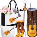 Potchen 5 Pcs Music Gifts Back to School Novelty Socks & 20 oz Skinny Water Tumbler & Tote Bag Makeup Bag & Keychain for Music Lovers Musician First Day of School Students Christmas Gift(Guitar)