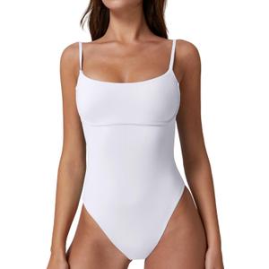 QINSEN Womens Seamed Cup Spaghetti Straps One Piece Bathing Suits Tummy Control Cheeky Swimsuit (X-Large, White)