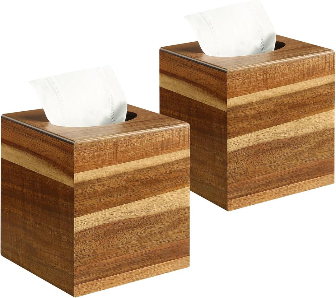 2 Pack Wooden Tissue Box Cover Square - Acacia Wood Tissue Box Holder for Tabletop Stands Bathroom Office- Decorative Facial Wood Tissue Box Cover for Modern Farmhouse Decor-Retro Natural Wood Color