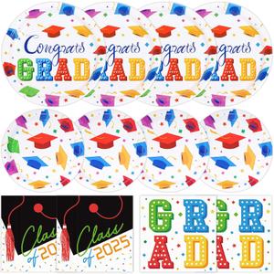 2025 Graduation Party Supplies 150 Count, Congrats Grad Plates Class of 2025 Paper Dinner Dessert Plates 3 Ply Napkins Disposable Tableware for Hats Off Graduation Party Decorations, White