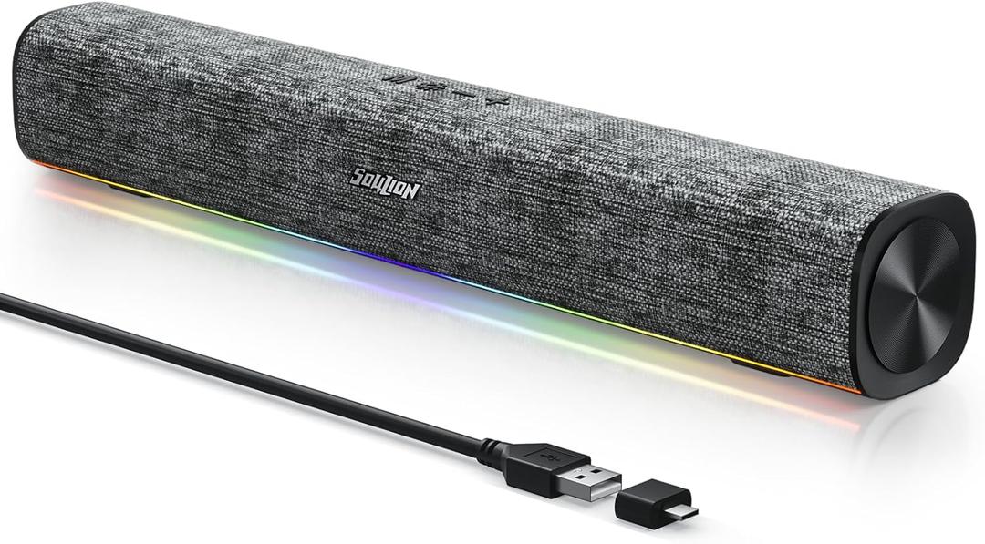 SOULION R100 Bluetooth Computer Speakers with Dynamic LED Light, USB Plug & Play PC Speakers with Switch Button, Clearly Sound Soundbar for Desktop Laptop Monitor(USBC to USB Adapter Included)