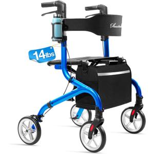 Super Lightweight Rollator Walker for Seniors, Foldable Rolling Walker with Seat and 8" Rubber Wheels for All Terrain, Upgraded Height Adjustment Button with Cup Holder, Blue