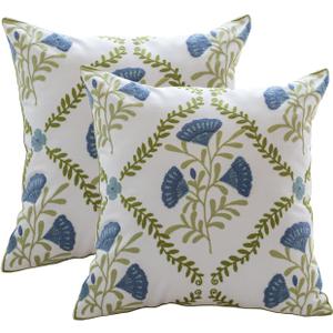 YIcabinet Pillow Covers Set of 2, Embroidered Blue Flower Pattern Throw Pillow Cover,Square Cotton Cushion,Pillow Case for Sofa Bedroom Couch,18"x18"