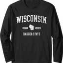 Retro WI Varsity Style Wisconsin Badger State Long Sleeve T-Shirt (Small, Black)
