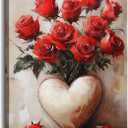 Red Rose Wall Art Romantic Valentines Canvas Prints Rustic Flowers with Love Vase Picture Vintage Painting Bathroom Living Room Bedroom Wall Decor Framed(16.00"x24.00")