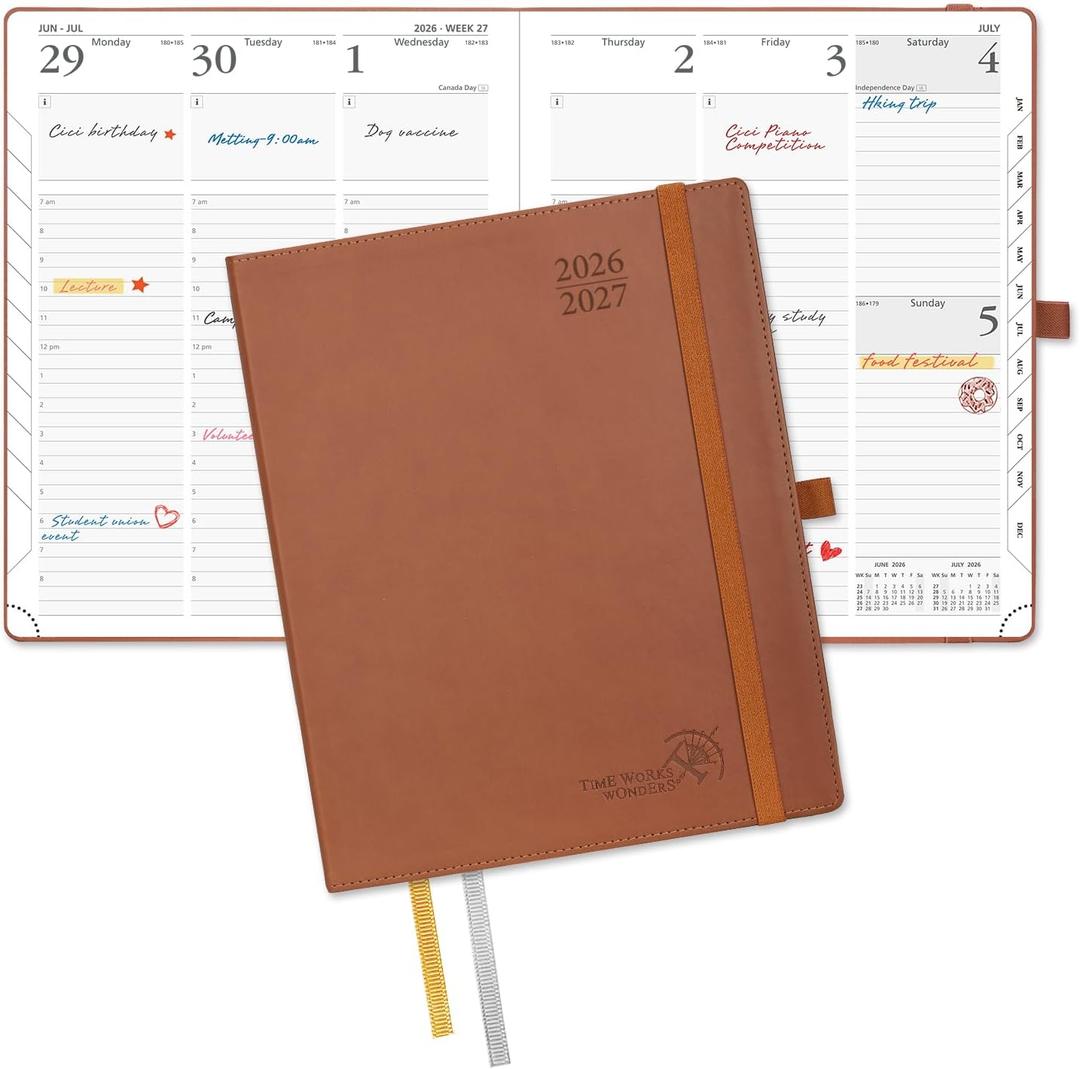 POPRUN Planner 2026-2027, Large-8.5" x 10.5", Academic Planner 2026-2027 Weekly and Monthly (July 26-June 27) Hourly Appointment Book with Inner Pockets, Leather Soft Cover, 100GSM - Brown