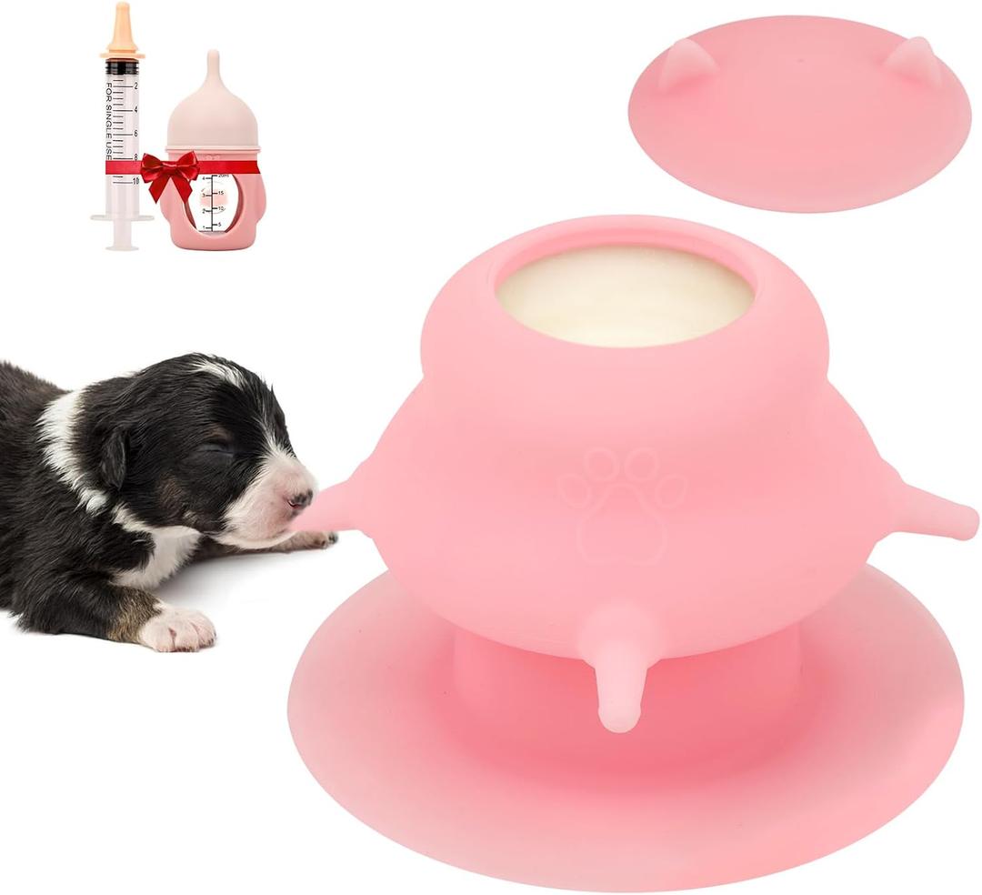 Puppy Milk Feeder,Dispenser Food Grade Silicone with 4 Dummy Nipples 230ml Capacity,Leak Proof Ideal Height Strong Suction,Puppy Milk Feeding Station for Newborn Dogs(Pink)