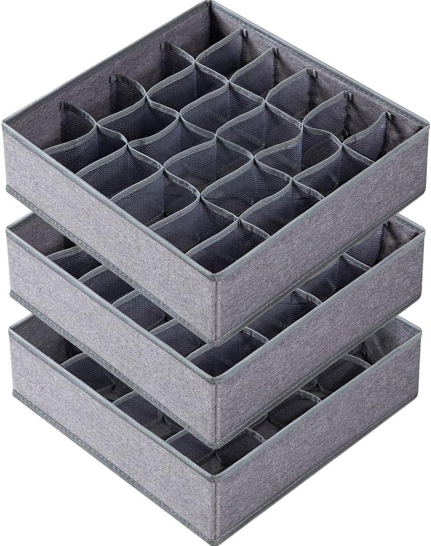 Criusia 3 Pack Sock Underwear Drawer Organizer Dividers, 64 Cell Fabric Foldable Dresser Organizer for Closet Organizers and Storage Boxes for Organizing Socks, Underwear, Ties (16+24+24 Cell, Gray)
