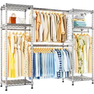 Ulif E7 Garment Rack, Heavy Duty Clothes Storage System with Extendable Hangers Rods, Metal Clothing Rack with 6 Wire Shelves, (52.3"-72") W x 14.5" D x 71.2" H, Load 838lbs, Chrome
