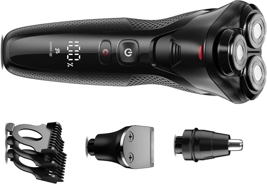 rategist Cordless Electric Razor for Men: 3-in-1 Shaver for Beard/Nose/Sideburns - Turbo Speed & Precision Blades - IPX7 Waterproof Travel Kit Satin Black