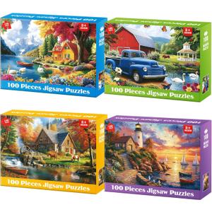 100 Piece Puzzles - 4 Themed Landscapes Large Piece Puzzles for Senior Adults Kids Puzzle Ages 5-8 Jigsaw Puzzle for Kids Ages 4-6 6-8 8-10 Year Old Educational Toys for Girls Boys 4-Pack