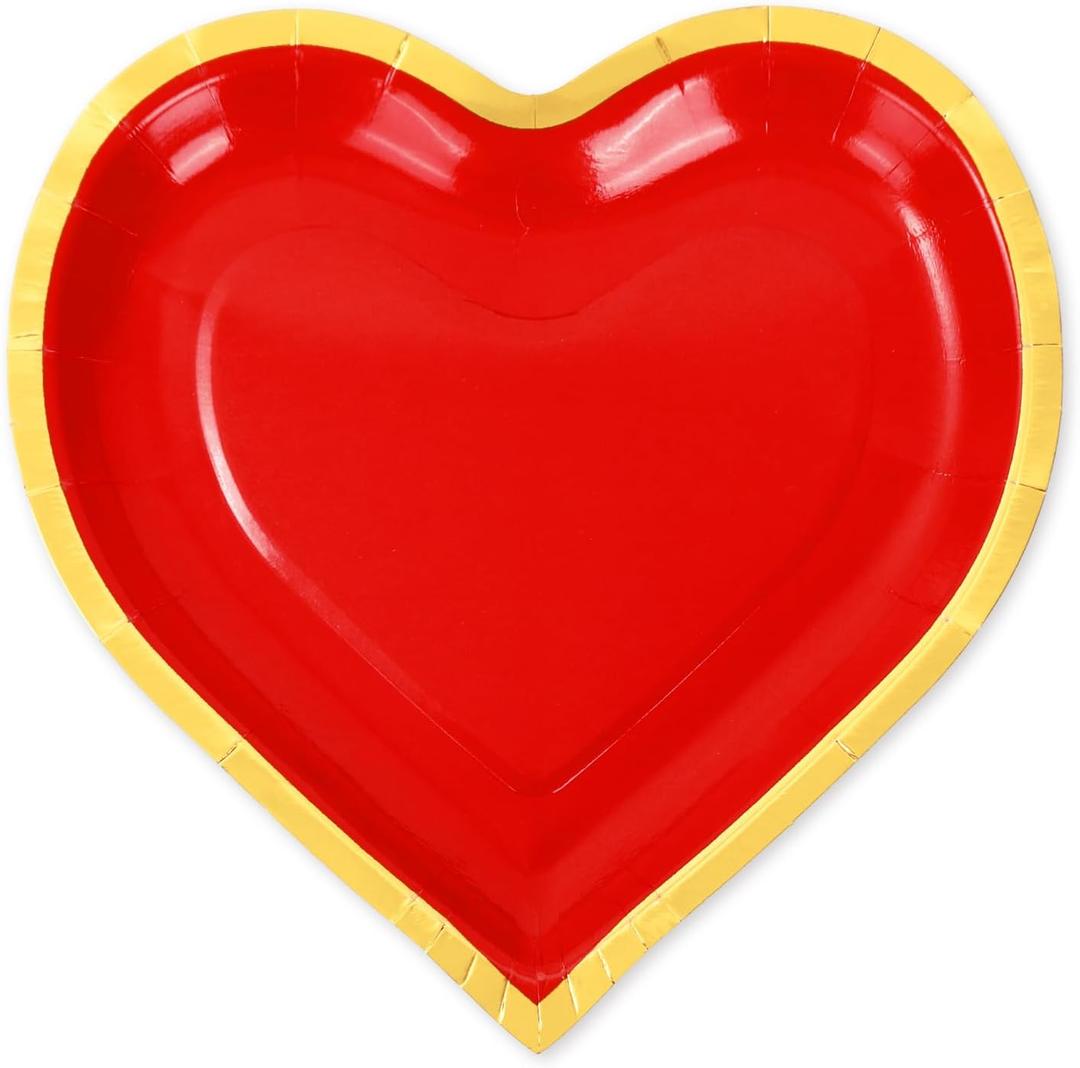 JarThenaAMCS 40Pcs Valentine's Paper Plate Gold Foil Heart Disposable Dessert Plate Red Dinnerware Plate for Wedding Anniversary Party Supplies, 7.3 In