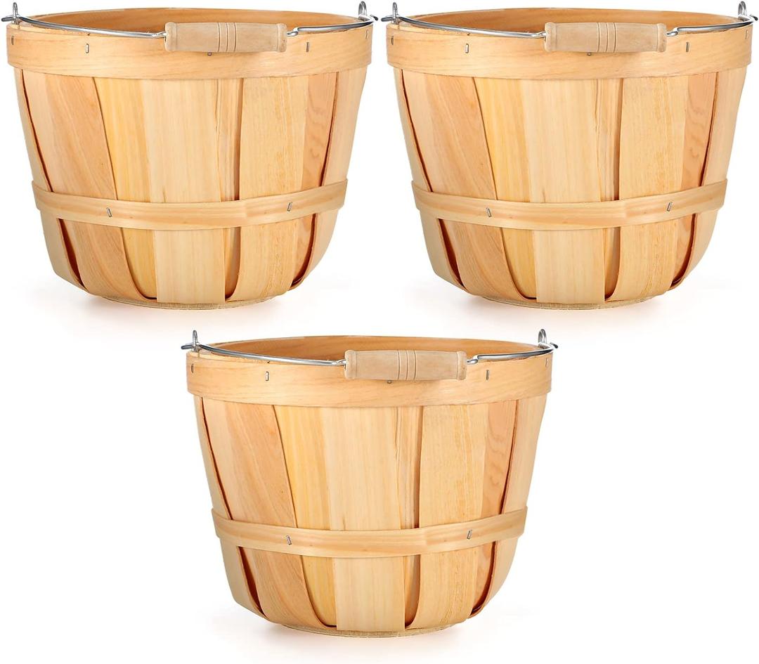 Eaasty Pack of 3 Round Wooden Bushel Baskets Wood Fruit Buckets with Handle for Vegetable Snack Holiday Cheat Farm Bucket Garden Decoration, 4-quart Capacity, 6. 1 Inch Tall, 8 Inch Diameter (Wood Color)