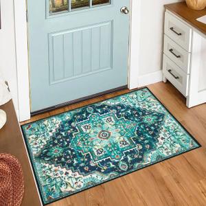 Area Rug 2x3 Washable Living Room Rug, Vintage Soft Boho Non-Slip/Non-Shedding Print Floor Carpet for Dining Room, Bedroom-Green