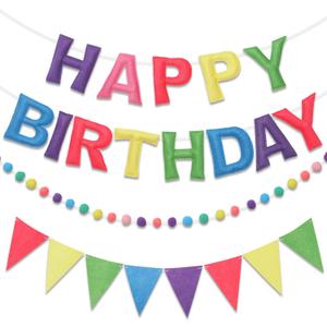 Pre-Strung Happy Birthday Banner & Felt Garland Set - Pastel Birthday Decorations for Women Girls | Reusable Party Supplies for Indoor & Outdoor