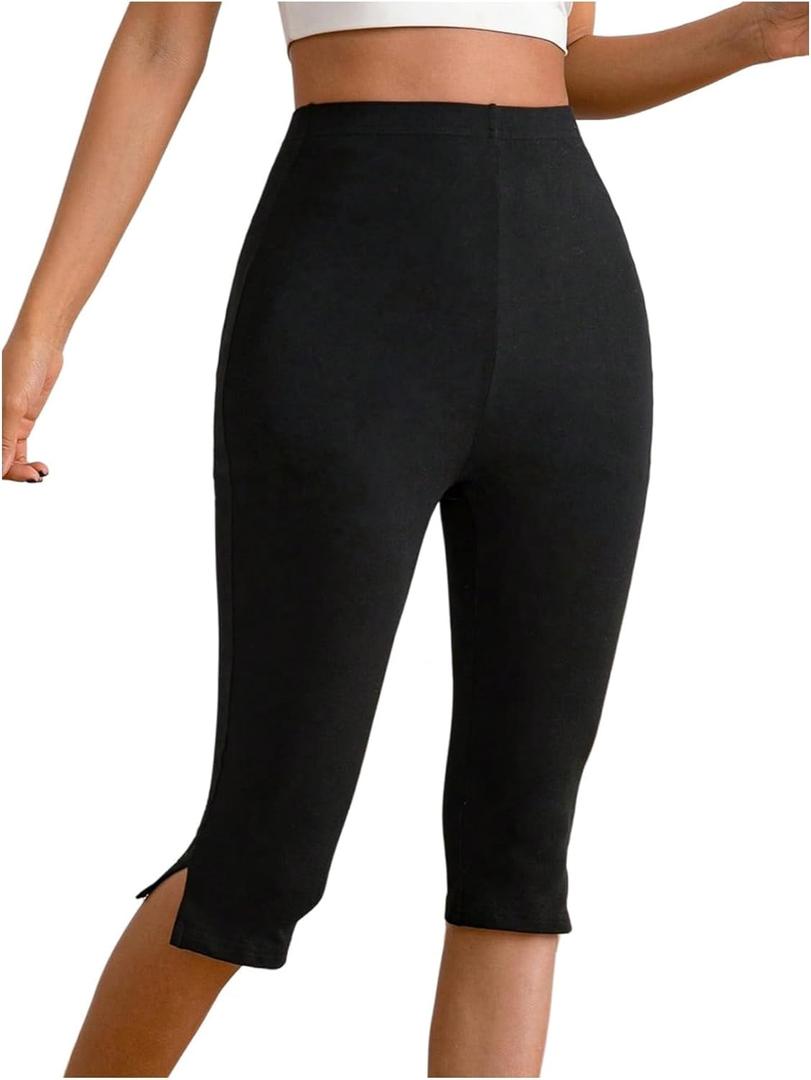 Verdusa Women's Split Capri Leggings High Waisted Knee Length Shorts (Black)