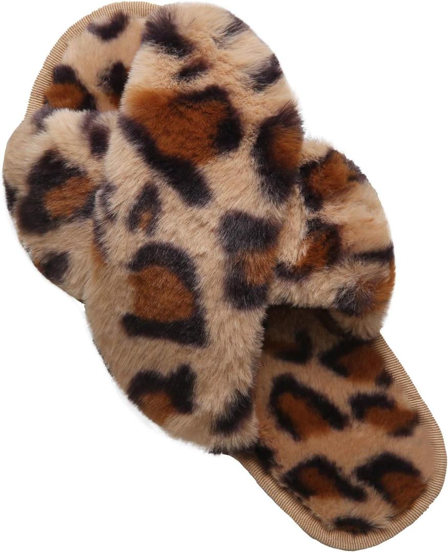 LZLER Womens Cross Band Slippers, Soft Plush Fleece Lightweight Non Slip Open Toe Flip Flop Shoes House Indoor Outdoor Fur Fuzzy Slippers (5-6, Brown Leopard)